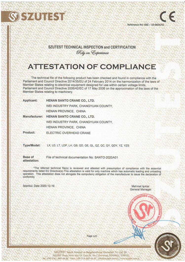 China HENAN SANTO CRANE CO.,LTD Certificações