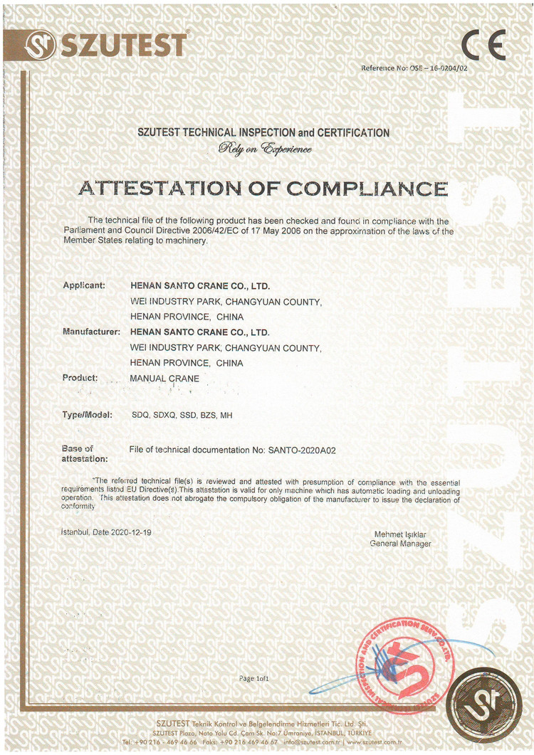 China HENAN SANTO CRANE CO.,LTD Certificações